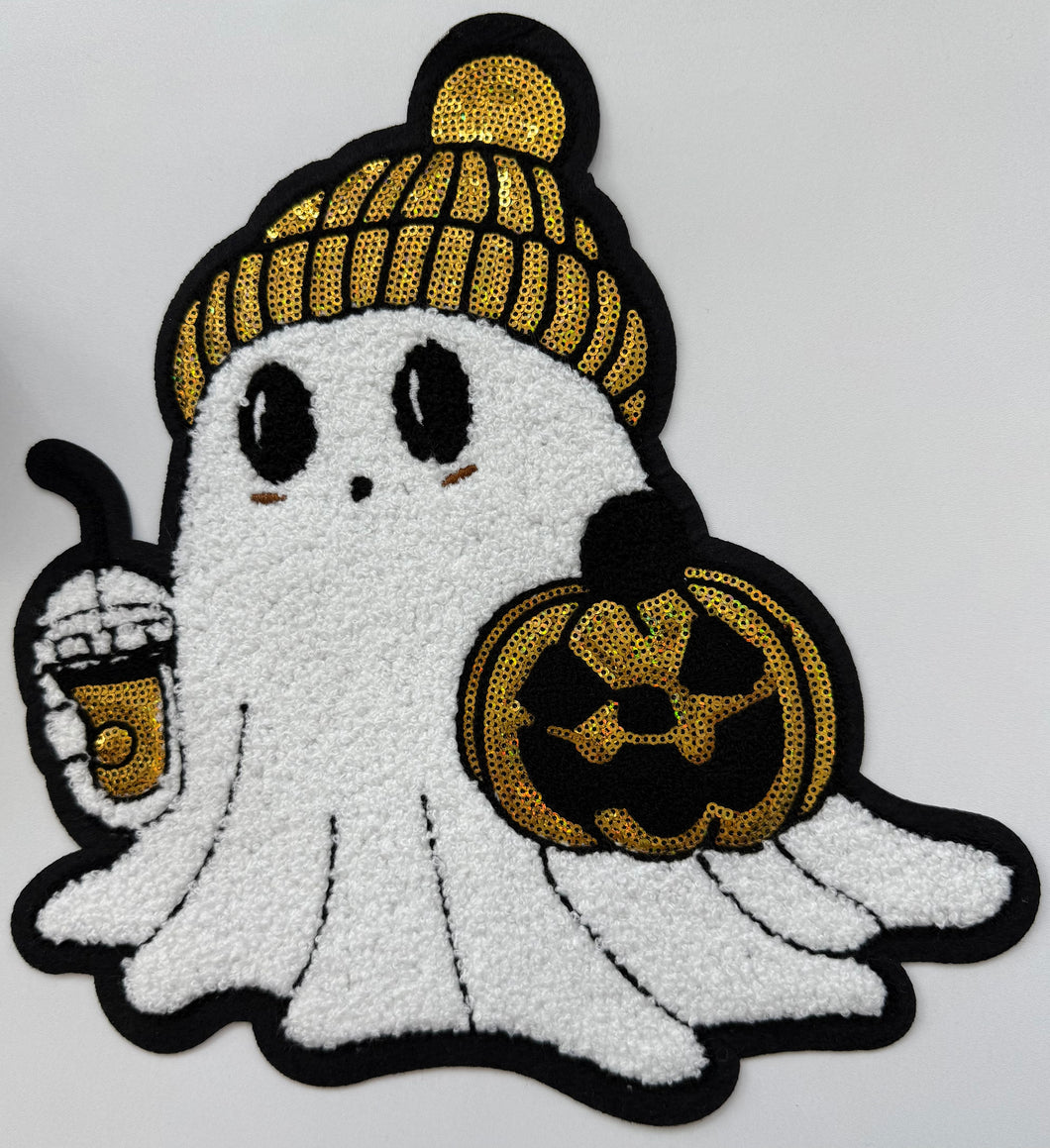 Pumpkin Ghost Chenille and Sequin Patch